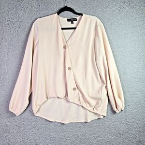 Fred David Womens Blouse M Cream Polyester Draped Hem Button Front Minimalist